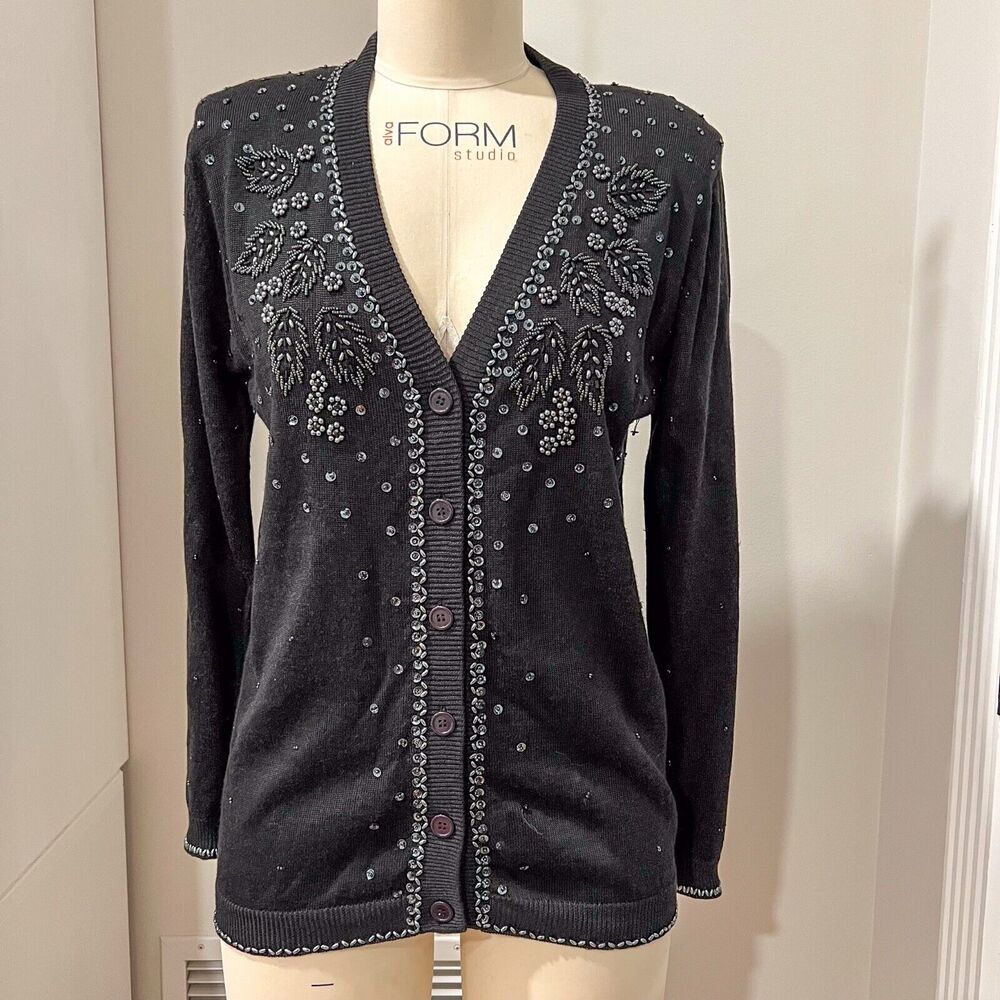 Vintage Womens Small Black Beaded Cardigan 80s Retro